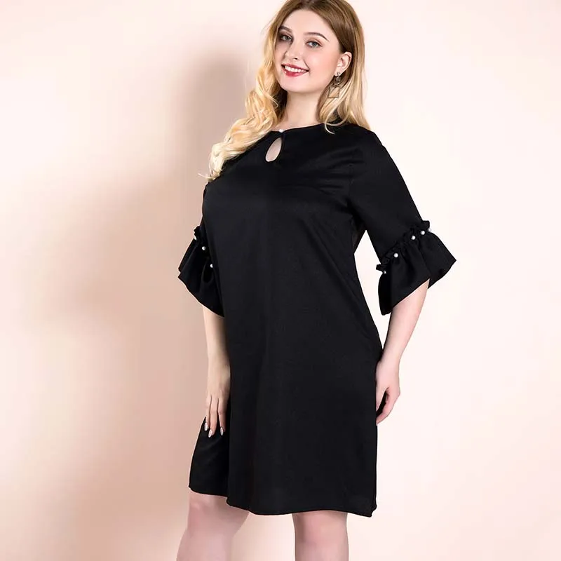 BLACK HELIAR/платье большого размера с коротким рукавом, оборками, бисером, шелковистое женское платье, женское Повседневное платье для женщин, лето - Цвет: BLACK