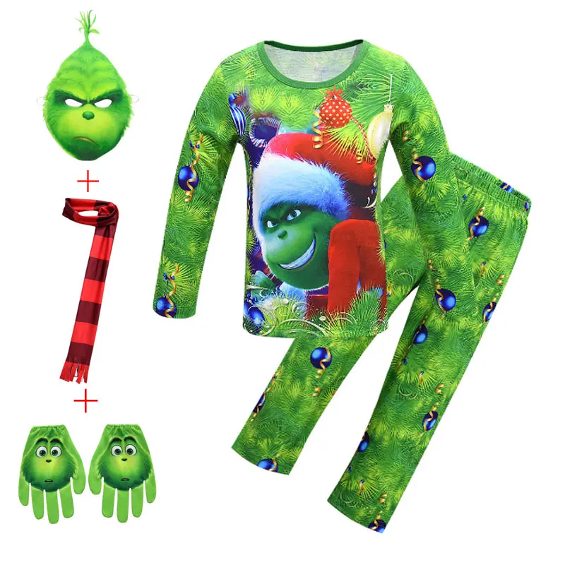 Рождественский пижамный комплект для мальчиков Grinch, НОВАЯ РОЖДЕСТВЕНСКАЯ одежда для сна, лидер продаж, одежда для сна, домашний костюм косплей+ маска+ шарф+ перчатки, пижамный комплект