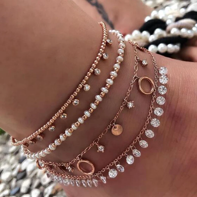 Tocona Charm Shiny Crystal Pendant Anklet Set White Beads Fine Gold Anklets Multilayer Geometric Pendant Foot Chain jewelry 8616 Tocona Charm Shiny Crystal Pendant Anklet Set White Beads Fine Gold Anklets Multilayer Geometric Pendant Foot Chain jewelry 8616