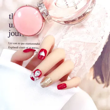

24Pcs/box with 2g Red false nails with designs Heart Rhinestone Nail tips Pearl Glitter Square fake nail tips full cover acrylic