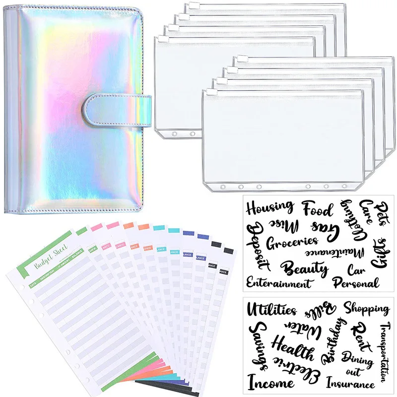 A6 Glitter PU Leather Binder Budget Envelope Planner Organizer System With Clear Zipper Pockets Expense Budget Sheets