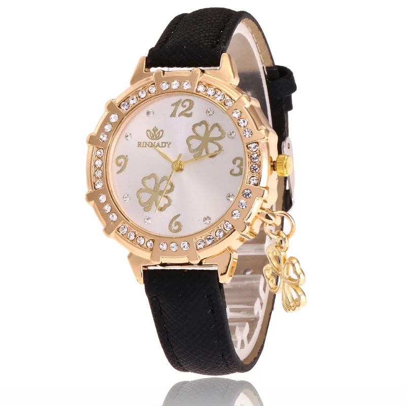 

Hot Selling Leather Belt Diamond Set Casual Ladies' Watch Korean-style Fashion Rhinestone Surface Leaf Pendant Quartz Watch