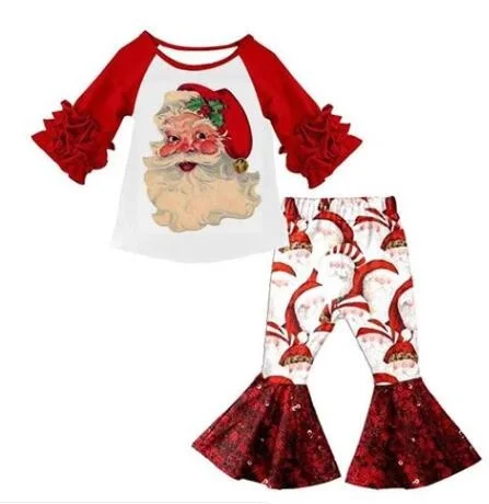 Лидер продаж, Рождественский комплект для девочек 3/4 года с рукавами и складками, модный детский комплект, расклешенные брюки, Блестящие Брюки с блестками, самые популярные комплекты