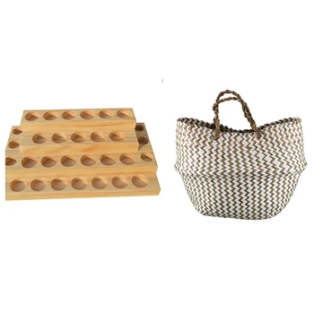 

4 Layer 30 Hole Wood Essential Oil Tray Box & Foldable Handmade Seagrass Storage Basket Wicker Rattan Belly Straw