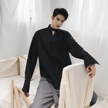 

EWQ / men's wear 2020 Spring Korean Style Simple Shirts Casual Long Sleeve V-neck Slim Loose Pullover Shirts Male Blouse HD721