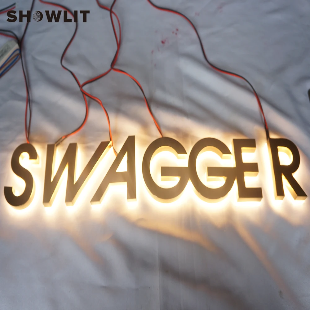 Backlit Mirror Gold Steel Logo Custom Made Polished Gold Logo Signs Golden Steel Door Signs Light Up