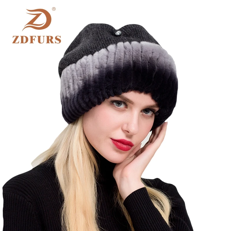 ZDFURS* новые женские шапки из меха кролика рекс с вязаной шерстью зимние теплые шапки головные уборы меховые шарики из лисьего меха аксессуары со стразами