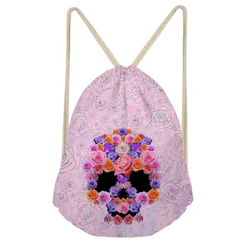 

THINK Women Flower Skull 3D Printing String Bags Travel Softback Polyester Drawstring Bags Teenagers Storage Backpack sac Custom