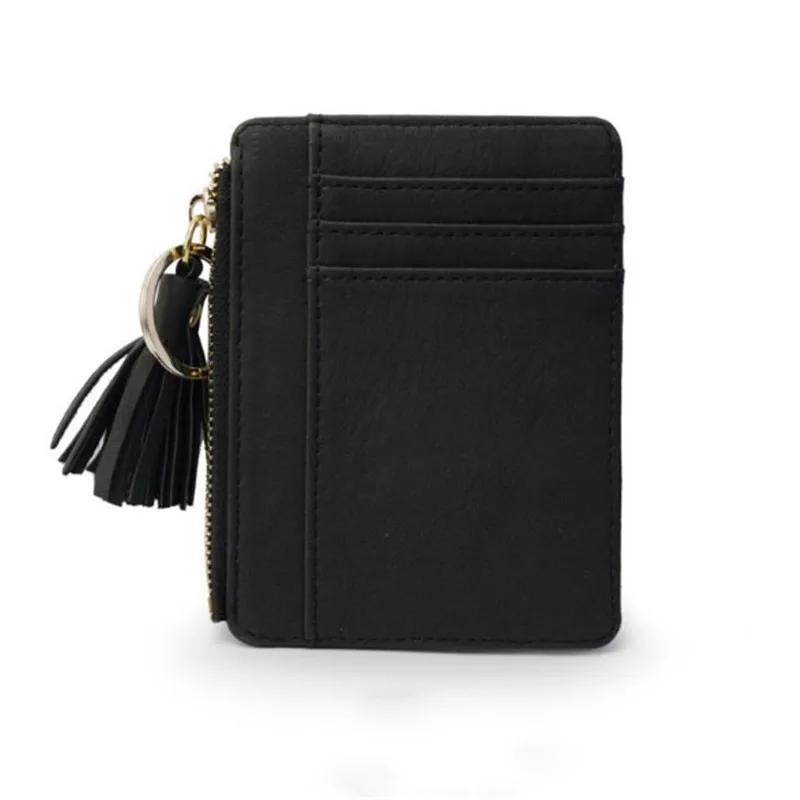 Тонкий женский кошелек, короткая сумка, маленькая сумка из искусственной кожи, держатели для кредитных карт, тонкие кошельки на молнии с кисточками, карман для монет, модный клатч