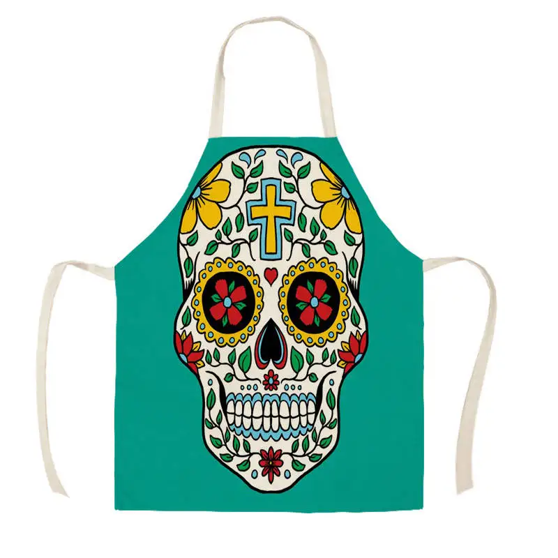 Women Kitchen Apron Cotton Linen Halloween Skull Design Sleeveless Chef Cooking Aprons Kitchen accessories WQ1698