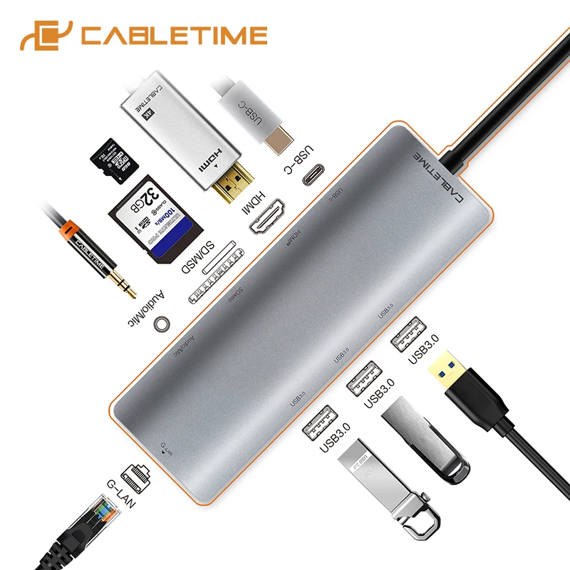 Кабельный концентратор USB C HDMI RJ45 AUX 3 5 мм адаптер 9 в 1 Type 0 SD TF кардридер Ethernet для