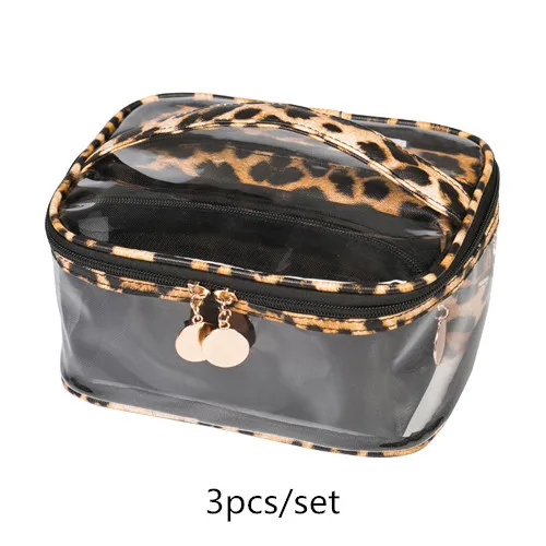 Light Brown Set of 3 Женская леопардовая ПВХ косметичка для путешествий Водонепроницаемый Косметический макияж сумки для хранения туалетных принадлежностей Чехол подставка для помады Органайзер аксессуары - Цвет: Light Brown Set of 3