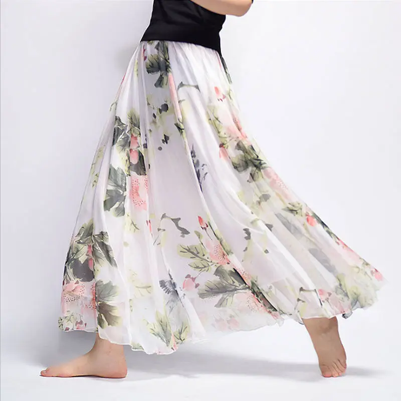 Women's Long Printed Bust Chiffon Skirt, Elastic High Waist Floral Skirt, Mid-length, Big Swing, Midi Skirt, 2021 2021 new geometric printed sleeveless top miyak fold large size slimming casual drape flared pants women s two piece suit