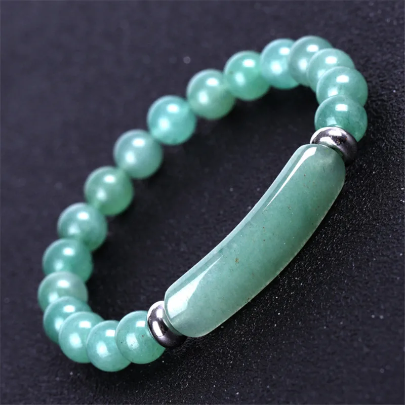 Natural Stone Strand Beaded Bracelet 8mm Pink Quartz Aventurine Agates Rose Crystal Rectangle Bar Charm