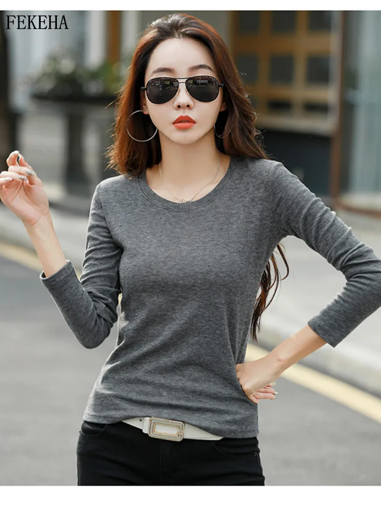 

Autumn Winter Women T-Shirts Velvet Long Sleeve Keep Warm Lady Tee Tops White Black Tshirt