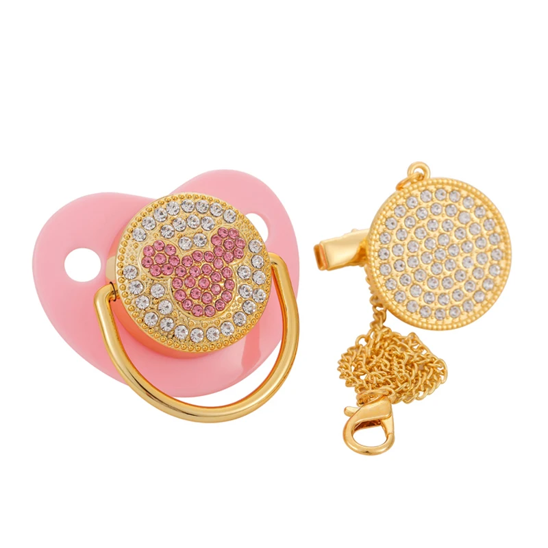 BLINGONLY Luxury Rhinestone Chupete Pink Bling Baby Pacifier With Clip