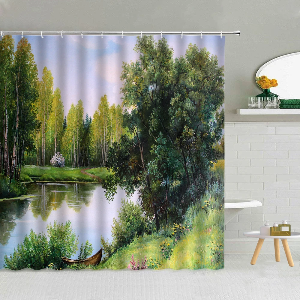 

Forest River Oil Painting Landscape Shower Curtain Fabric Flower High Quality Bathroom Supplies Decor With Hooks Cloth Curtains