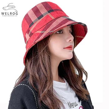 

WELROG Plaid Fisherman Hat Female Spring Bucket Hat Wild Fashion Hat Small Brim Bucket Cap 2020 Foldable Outdoor Sunscreen Hat