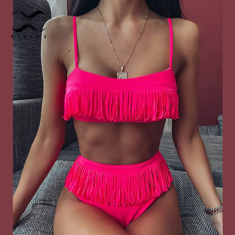 

Tassel bikini set 2020 Neon pink bathing suit woman swimsuit female High waist summer bathers Sexy swimwear women Beach wear new