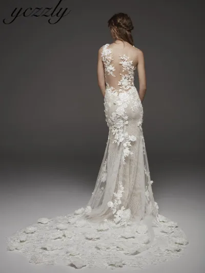 Vestido De Noiva сексуальный тюль с кружевами аппликацией Русалка Свадебные платья Длинные Цветы Шампанское Свадебные платья Trouwjurk W113