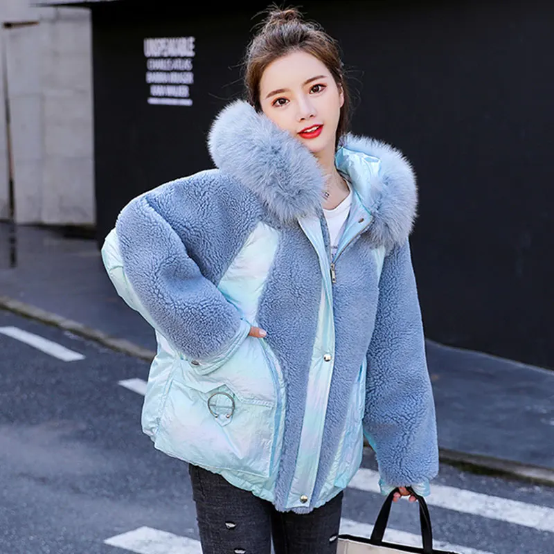 

Lamb Wool Winter Coat Korean Stitching Women 2019 Hooded Large Fur Collar Bright Jacket Female Large Size Fashion Warm Jacket