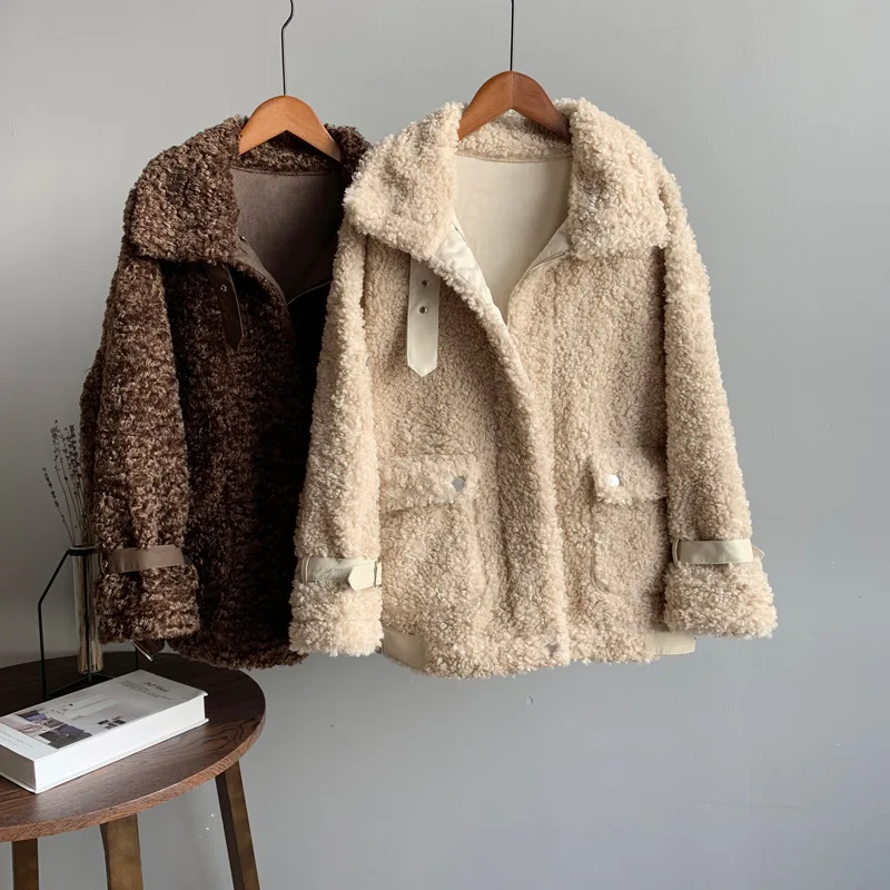 Женская куртка из овечьей шерсти,, зима, осень, Kawaii, меховая подкладка, парка, верхняя одежда, уличное толстое базовое пальто