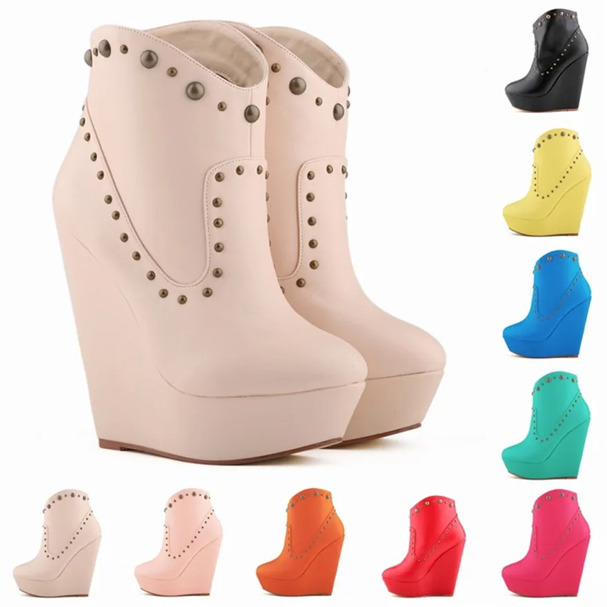 Western Cowgirl Boots Women Autumn Fashion Rivets PU Leather Wedges Platform Pointed Toe Woman Party Ankle High Heel | Обувь