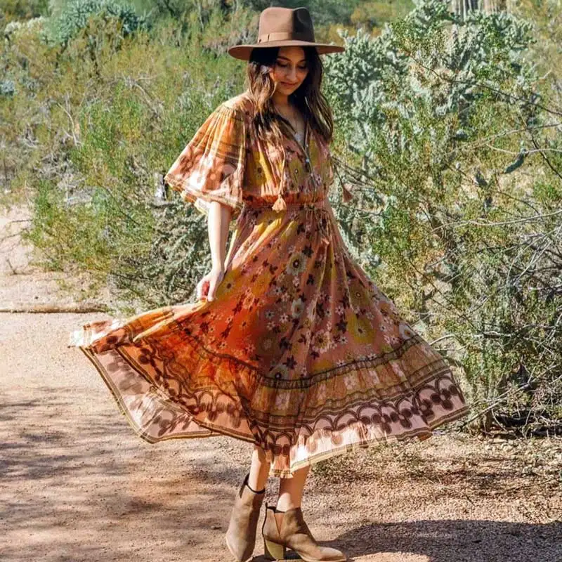 GypsyLady, Ретро стиль, Цветочное платье макси, бохо, женское платье на пуговицах, с эластичной талией,, летнее платье с кисточками, Повседневное платье, женское длинное платье