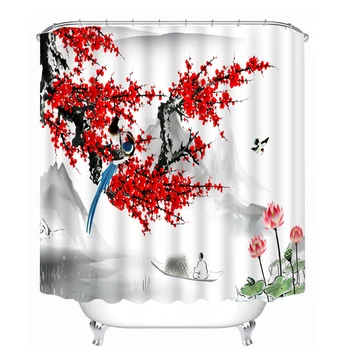 

High Quality DIY Printed Shower Curtain Red Peach Blossom Pattern Bathroom Curtain Waterproof Thicken Fabrics Bathroom Products