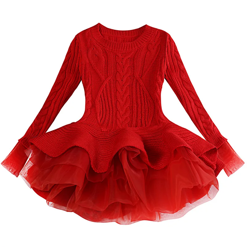 Knitted Long Sleeve Winter Dress for Girls 3 5 8 Years Children Christmas Clothes Kids Dresses For Girls New Year Party Costume - Цвет: Red