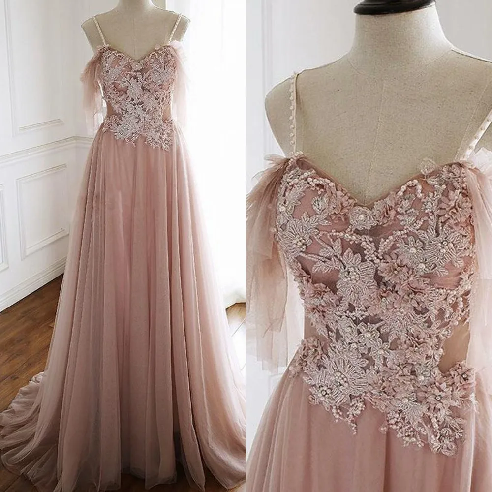

Blush Pink Tulle Evening Dress Spaghetti Straps Corset Beading Appliques Long 2020 Prom Dresses Vestidos de fiesta de noche