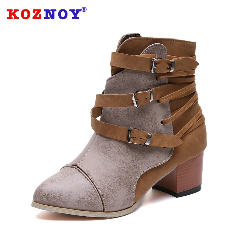 

Koznoy Women Boots Autumn Fashion Dropshipping Side Zipper Mid Heel Large Size Pointed Toe Square Heel Solid Buckle Women Boots
