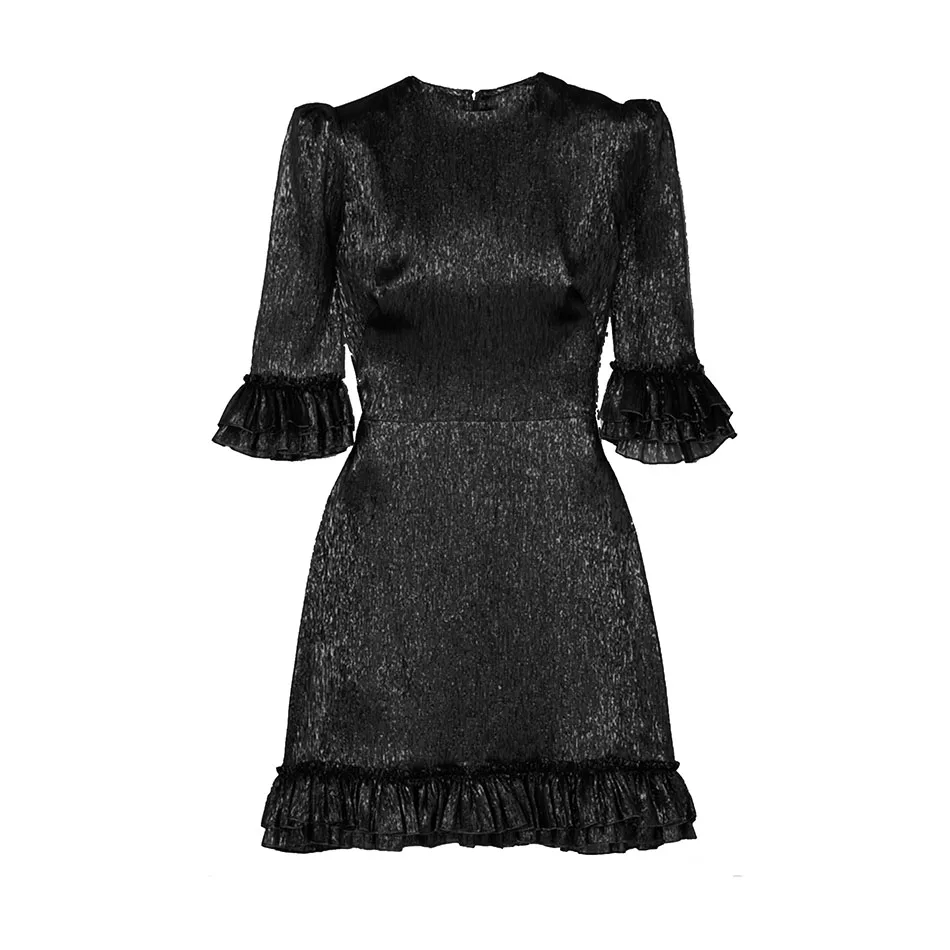 Новинка лета, женское модное гофрированное мини-платье с коротким рукавом и круглым вырезом, Клубное вечернее платье знаменитостей - Цвет: Черный