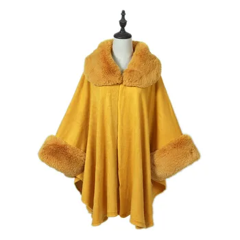 

2019 Europe and the United States fall/winter new faux rex rabbit fur collar knitted shawl large size warm cloak coat