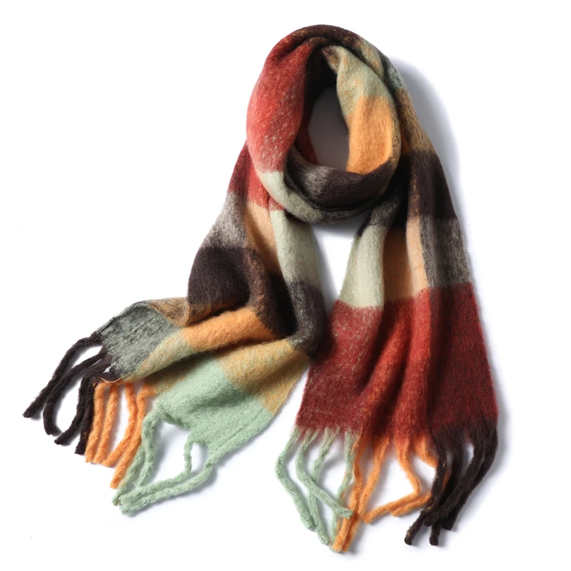 2021 New Women Plaid Scarf Winter Pashmina Shawls Cashmere Thick Wraps Lady Tassel Warm Scarves Rainbow Hairy Bufanda