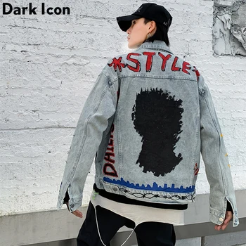 

Dark Icon Letter Graffiti Hip Hop Denim Jackets Men 2019 New Fashion Streetwear Jeans Jackets Men Clothing