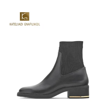 

KATELVADI Short Leather Lady Ankle Chelsea Boots Slip On Winter Fashion Shoes Woman Casual Retro Daily Outdoor Botas JY-005