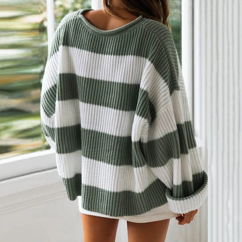 2019 autumn and winter new European and American women's sweaters knit sweater women curled striped color-matching Pullover