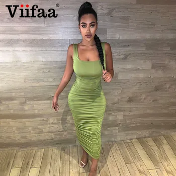 

Viifaa Summer Sleeveless Bodycon Ruched Midi Tank Dress Women Elegant Streetwear Slim Fit Backless Sexy Party Dresses