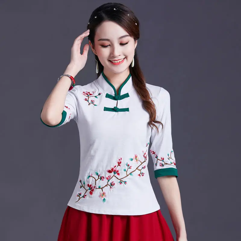 Cheongsam Women's Plus Size Tops Summer Fashion Cotton Embroidery Splicing Stand Collar Chinese Style Qipao Shirts Woman