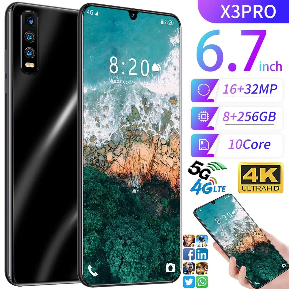 2020 New X3 Pro 5G Android 10.0 Mobile Phone 6.7 Inches Water Drop Screen 8GB 256GB Smart Phone 16MP 32MP 5600mAh Cellphone
