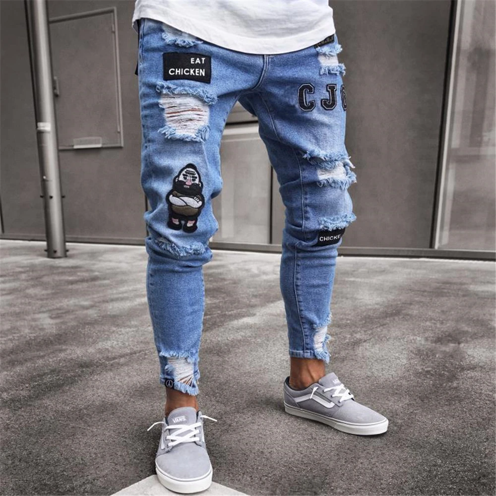 Pantalones vaqueros rasgados para hombre, con parcheada pintada, Jeans rectos y ajustados, Jeans informales de para con agujeros rotos|Pantalones vaqueros| - AliExpress