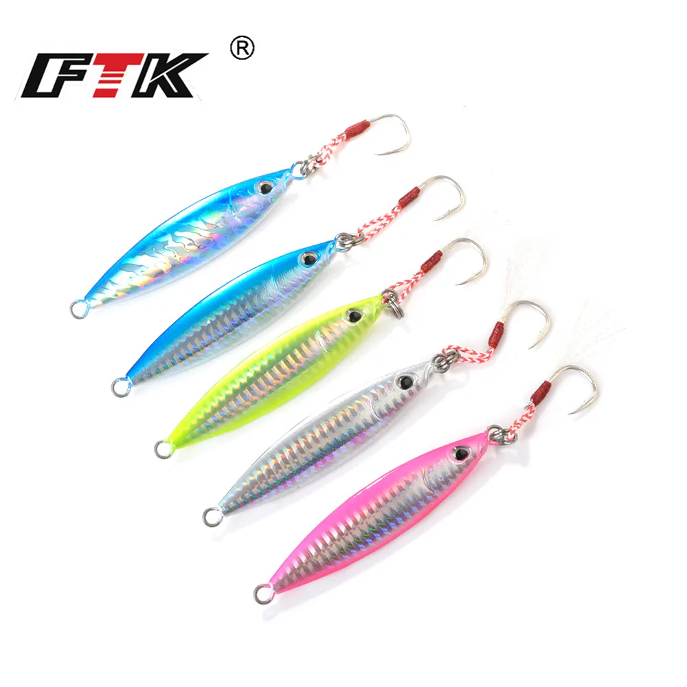 FTK 80/100/150g 3D Eyes Hard Metal Jigging Fishing Lure 98-118mm Slow Sinking Micro Jig Sea Boat Fishing Bait With Assist Hook