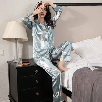 

Satin Silk Pajamas for Women's Set pyjamas Button Pigiama Donna pjs Winter Mujer Pijama Sleepwear Nightwear Pizama Damska 2Pcs