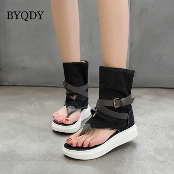 

BYQDY Height Increasing Women Sandals Cowboy Ankle Belt Buckle Summer Gladiator Thong Toe Denim Jeans Cover Heels Ladies Shoes