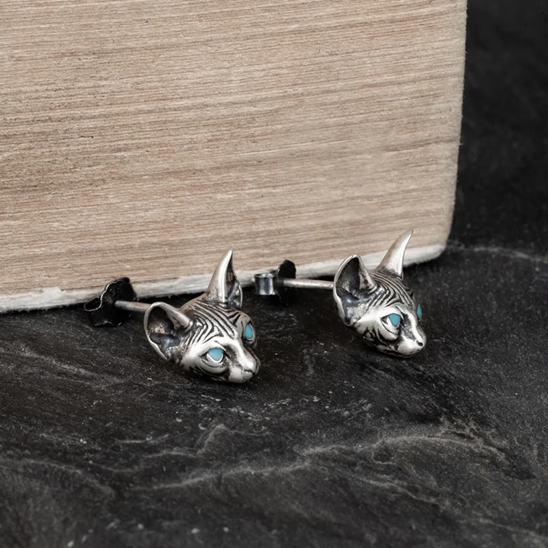 MKENDN Blue Eyes Sphynx Cat Meditate Yoga Stud Earrings For Men Women Sterling Silver 925 Ear Studs Bijoux Anti-allergy Jewelry