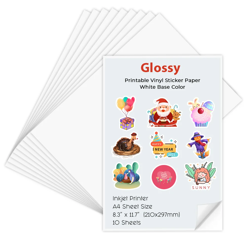 10 Sheets Printable Vinyl Sticker Paper A4 Glossy self-adhesive