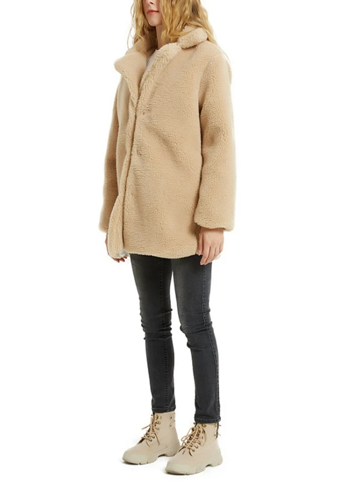 B Fur Coat Women Winter Fashion Casual All-match Solid Faux Fur Lapel Collar Plus Size Loose Long Sleeves Coat Female Jacket