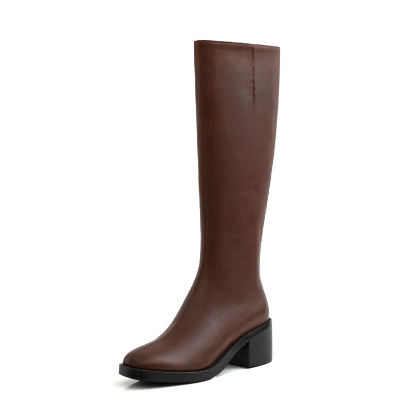 MORAZORA/Новинка года; Брендовые женские ботинки из натуральной кожи; женская обувь на высоком толстом каблуке с квадратным носком; зимние сапоги до колена; цвет черный, коричневый - Цвет: brown 5.5cm