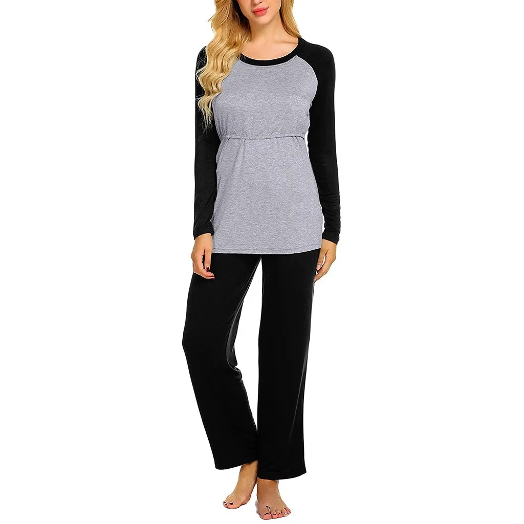 Женская зимняя одежда, комплекты пижамы для беременных, кормящих грудью зимняя футболка с длинными рукавами Топы+ брюки, пижама, комплект wy6